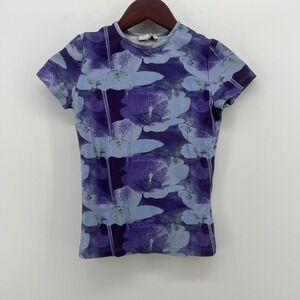 Miaou Purple Blue Floral Print Short Sleeve Baby Tee T-Shirt Womens Small